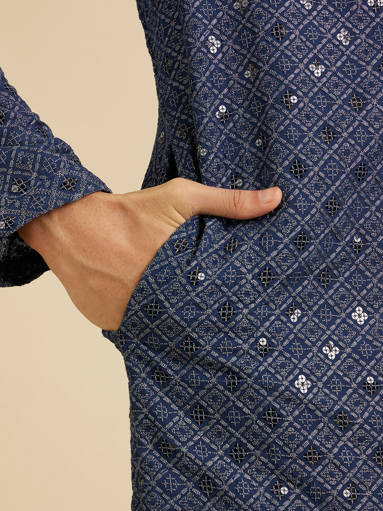 Manyavar Men Oxford Blue Chikankari Kurta Set with Sequin Work
