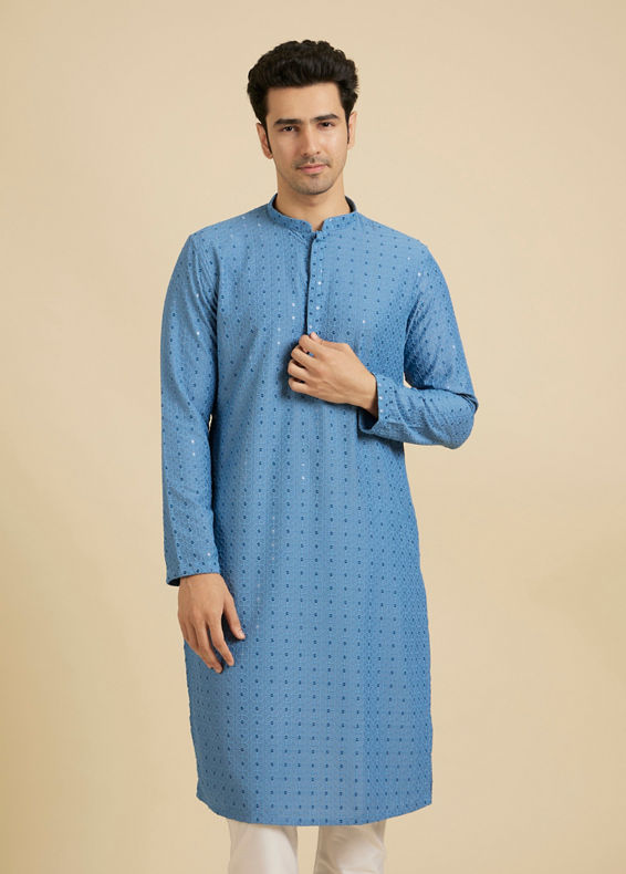 Manyavar Men Powder Blue Chikankari Kurta Set with Sequin Work