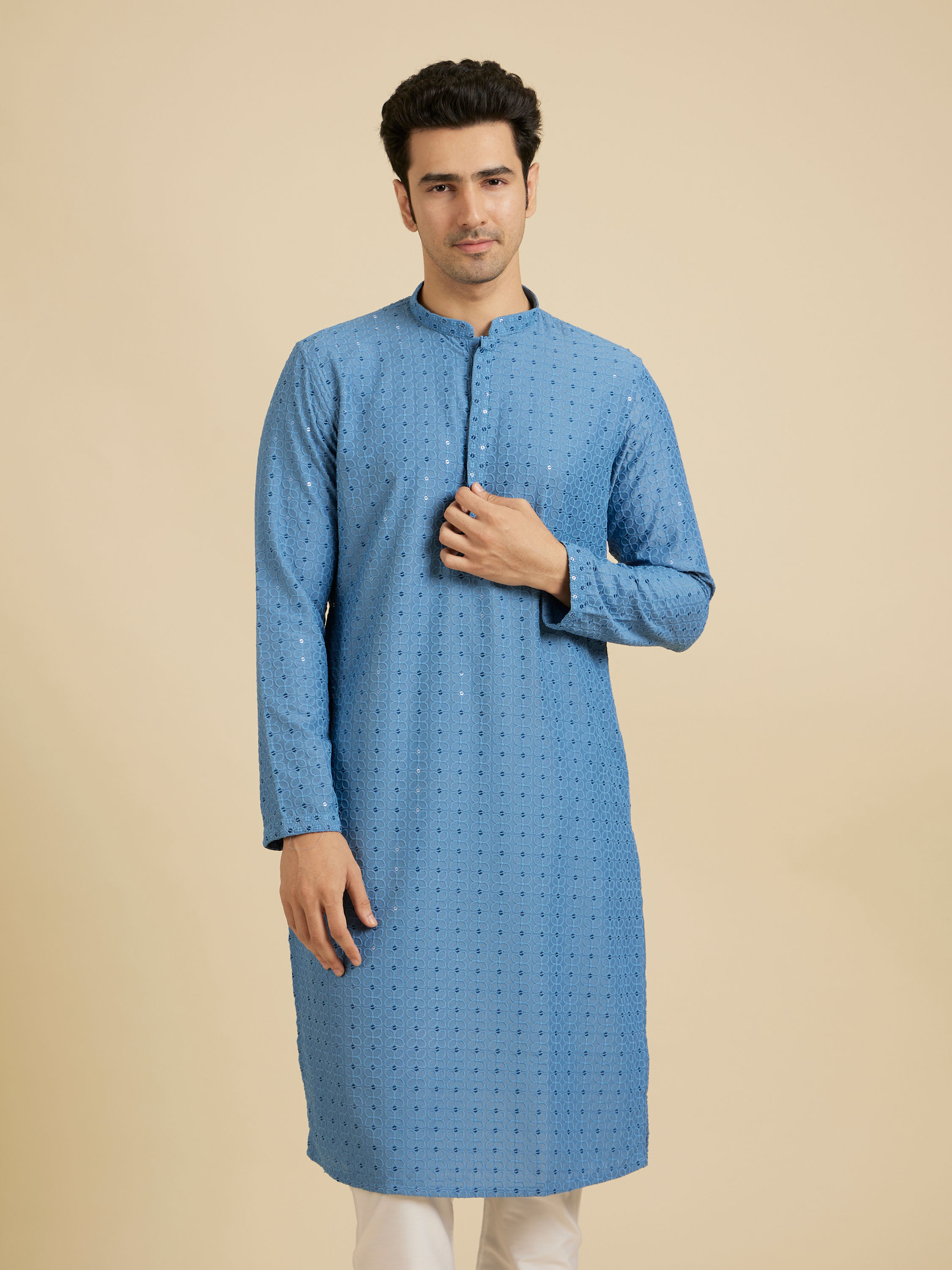 Manyavar Men Powder Blue Chikankari Kurta Set with Sequin Work
