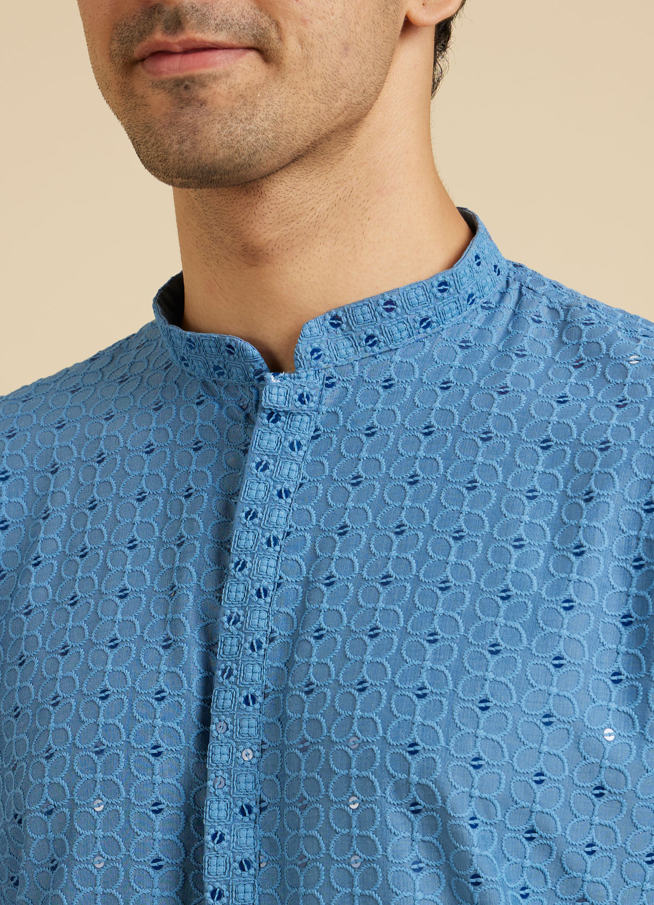 Manyavar Men Powder Blue Chikankari Kurta Set with Sequin Work