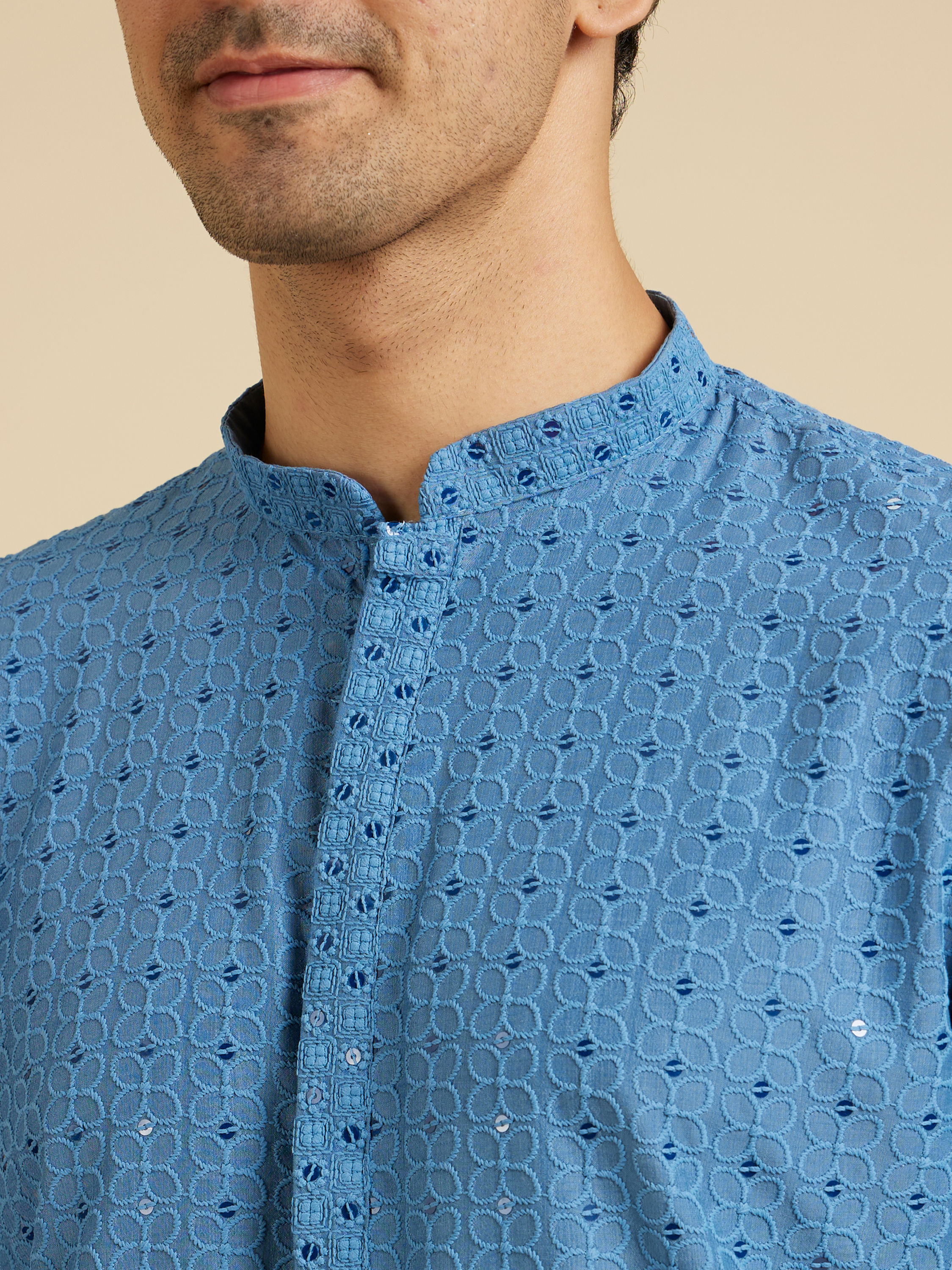 Manyavar Men Powder Blue Chikankari Kurta Set with Sequin Work