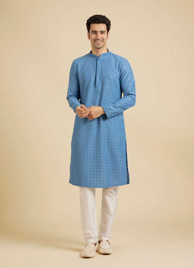 Manyavar Men Powder Blue Chikankari Kurta Set with Sequin Work