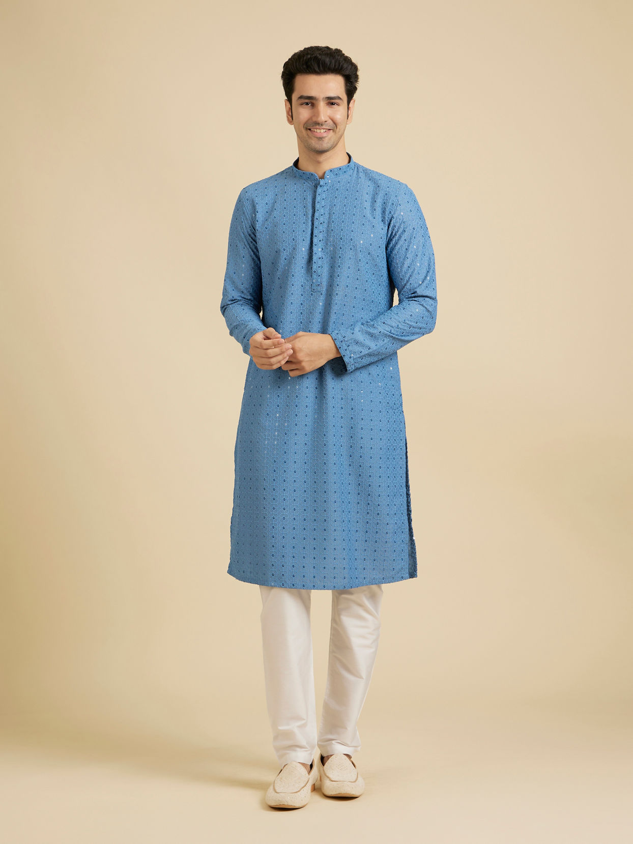 Manyavar Men Powder Blue Chikankari Kurta Set with Sequin Work