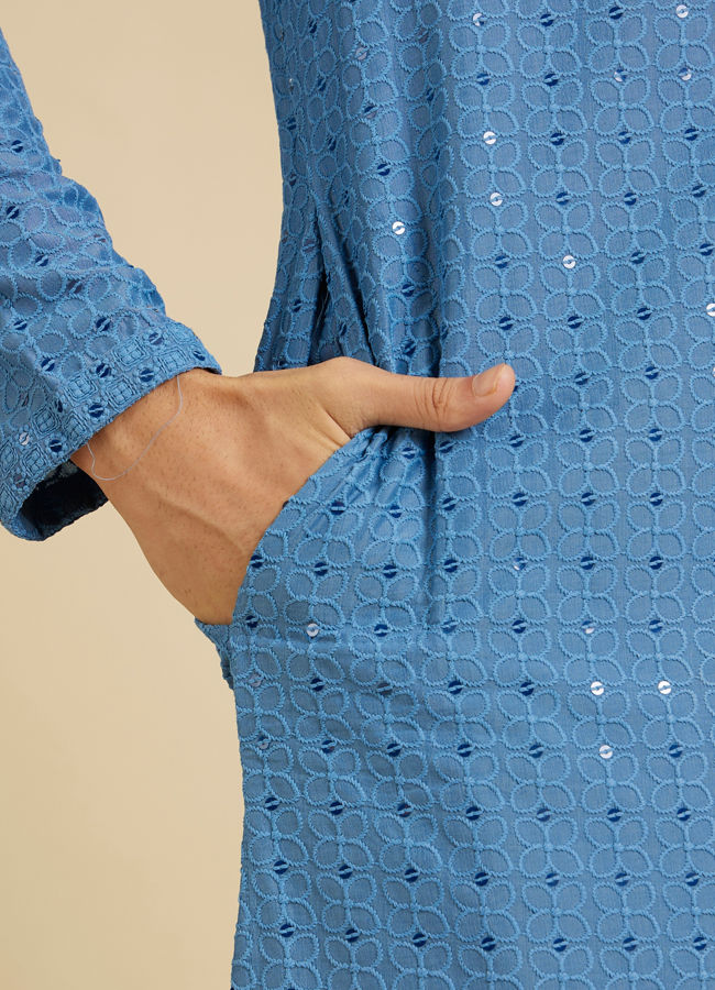 Manyavar Men Powder Blue Chikankari Kurta Set with Sequin Work