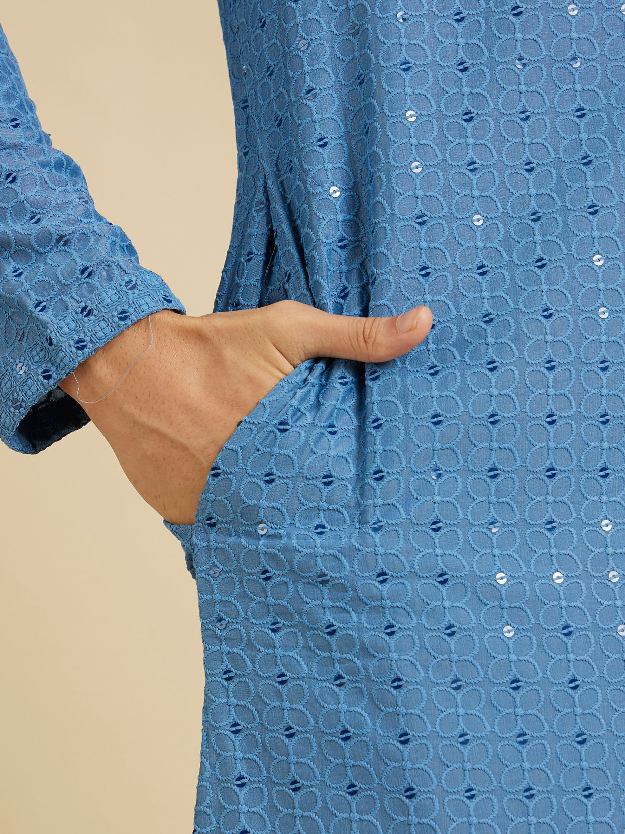 Manyavar Men Powder Blue Chikankari Kurta Set with Sequin Work