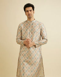 Manyavar Men Soft Beige Jaal Printed Kurta Set