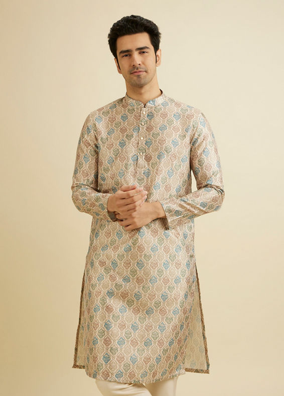 Manyavar Men Soft Beige Jaal Printed Kurta Set