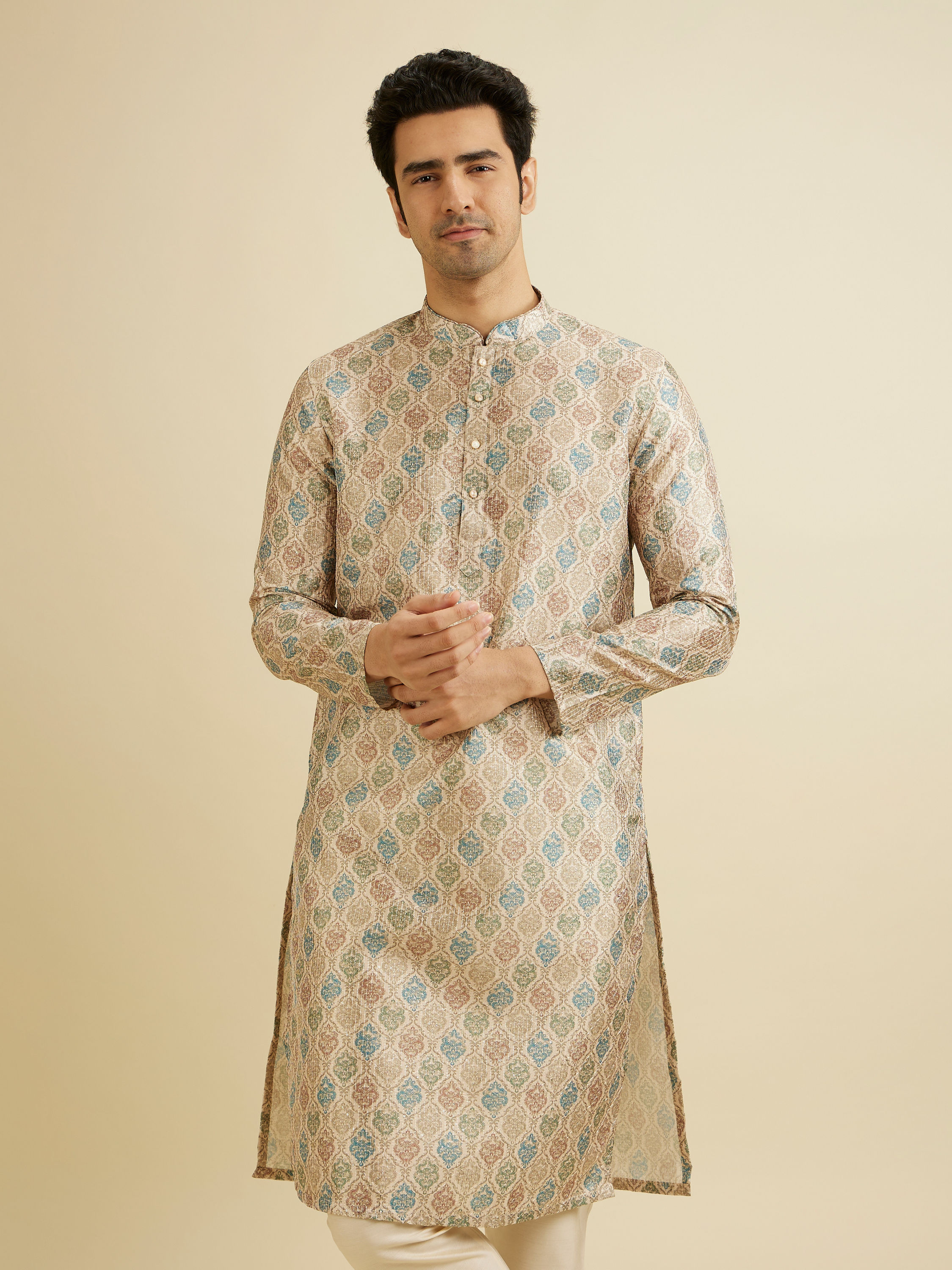 Manyavar Men Soft Beige Jaal Printed Kurta Set