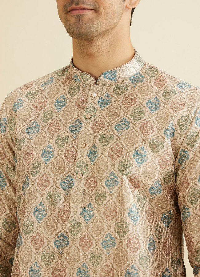 Manyavar Men Soft Beige Jaal Printed Kurta Set