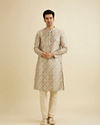 Manyavar Men Soft Beige Jaal Printed Kurta Set