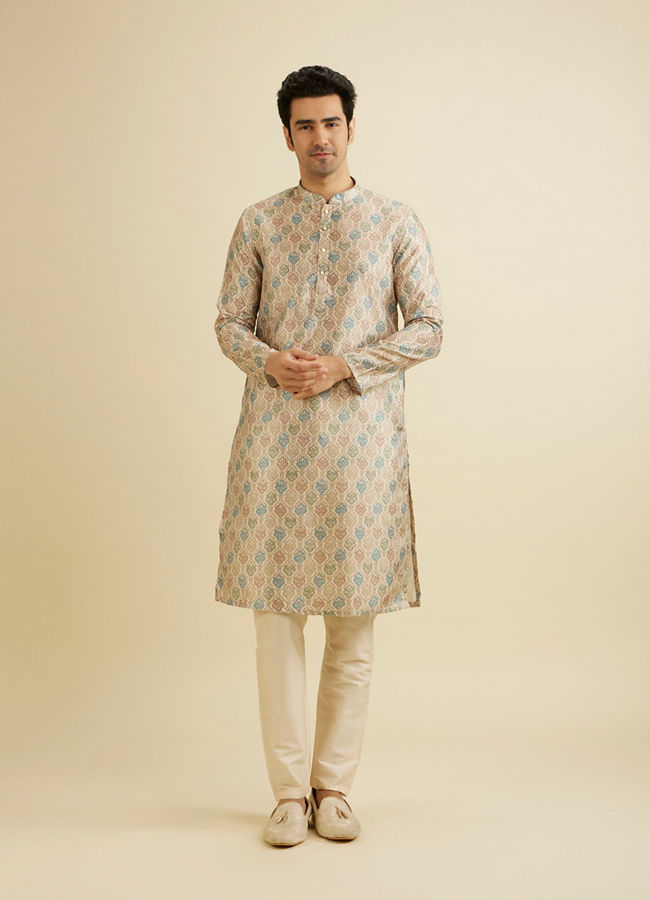 Manyavar Men Soft Beige Jaal Printed Kurta Set