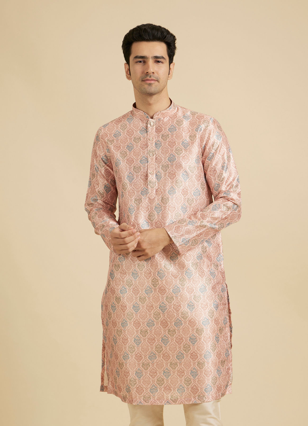 Manyavar Men Pale Peach Jaal Printed Kurta Set