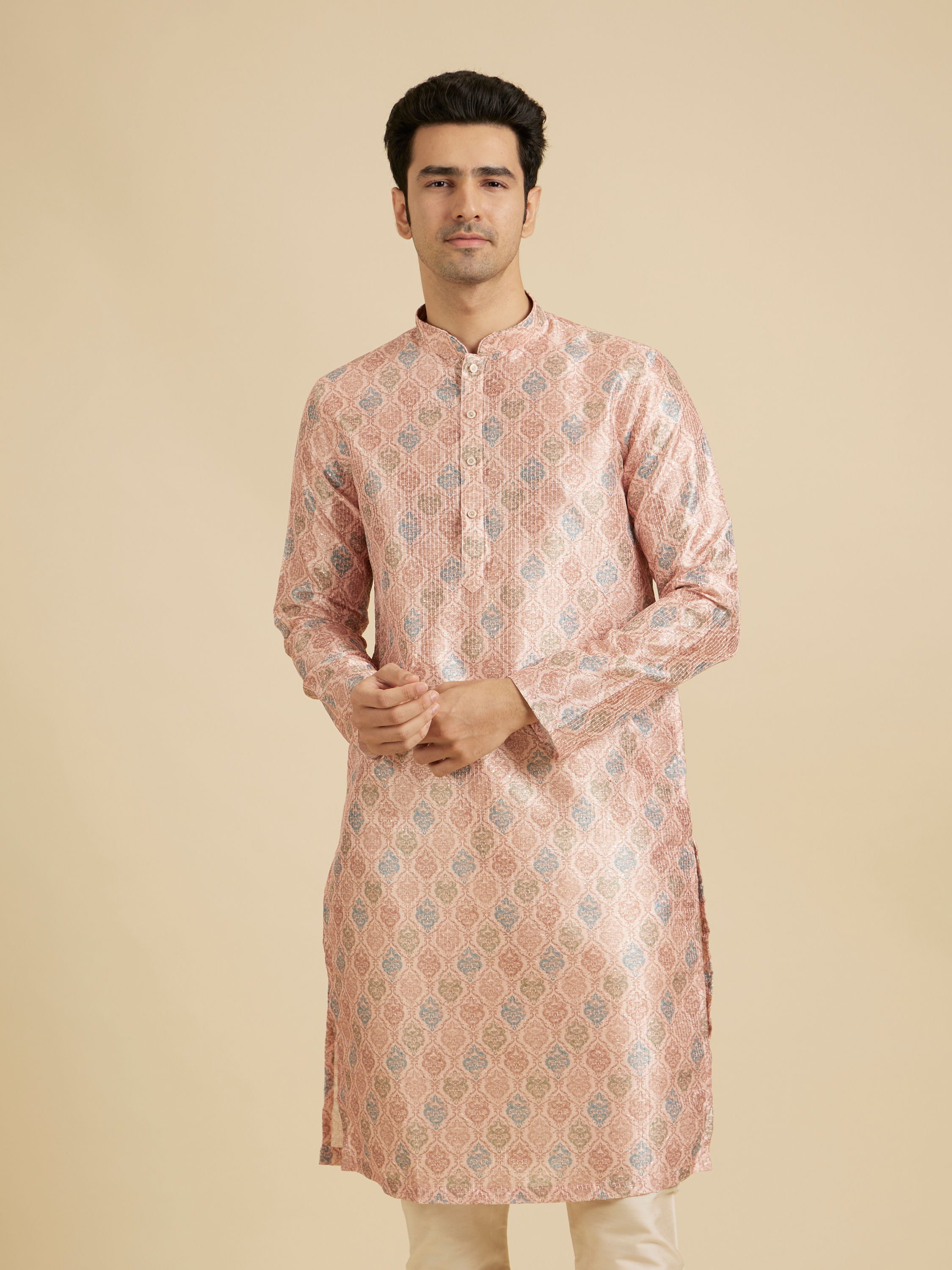 Manyavar Men Pale Peach Jaal Printed Kurta Set