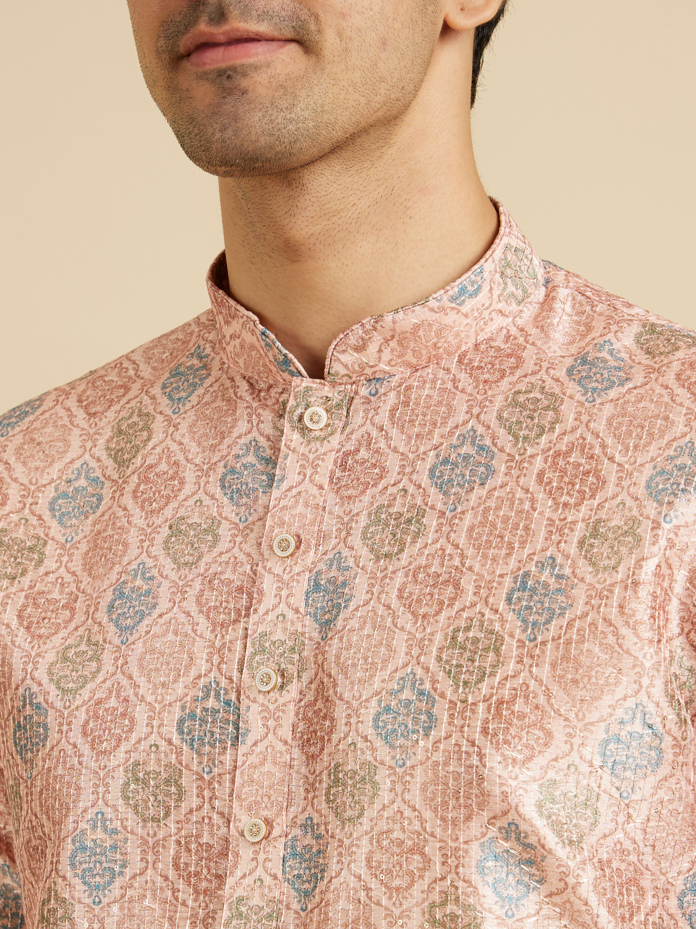 Manyavar Men Pale Peach Jaal Printed Kurta Set