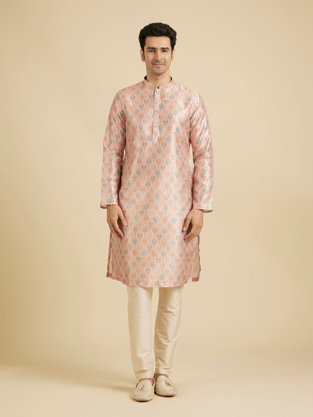 Manyavar Men Pale Peach Jaal Printed Kurta Set