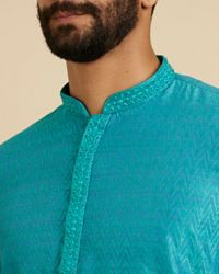 Manyavar Men Turquoise Blue Chevron Patterned Kurta Set