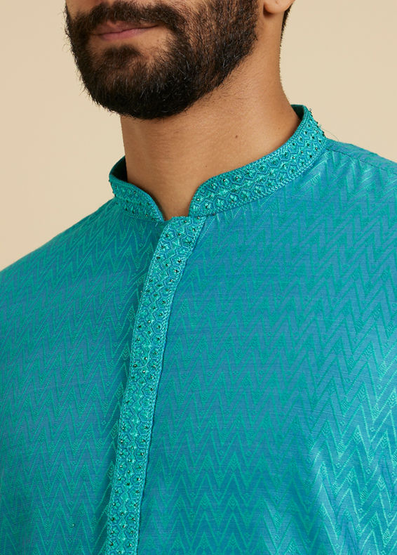 Manyavar Men Turquoise Blue Chevron Patterned Kurta Set