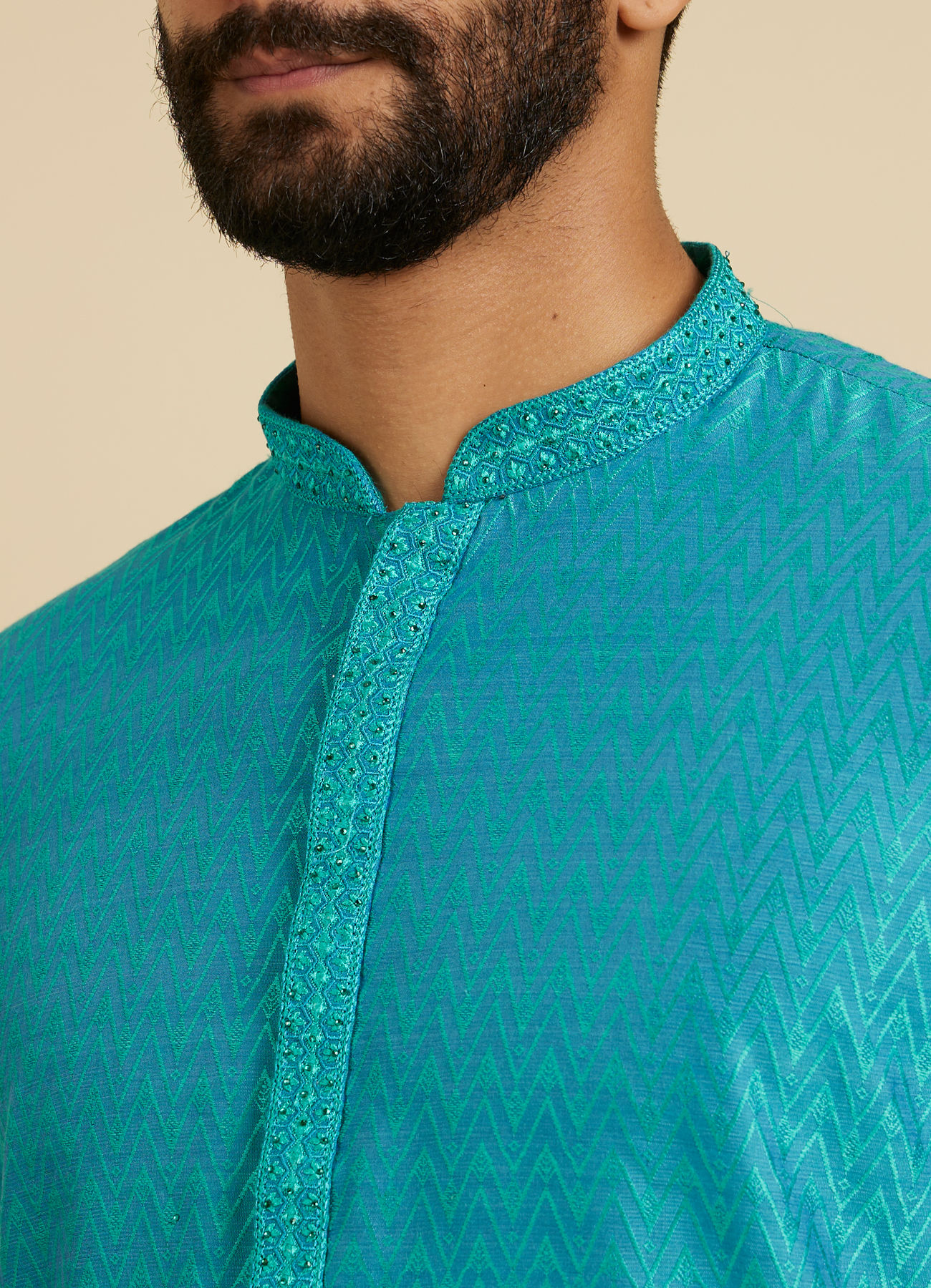 Manyavar Men Turquoise Blue Chevron Patterned Kurta Set