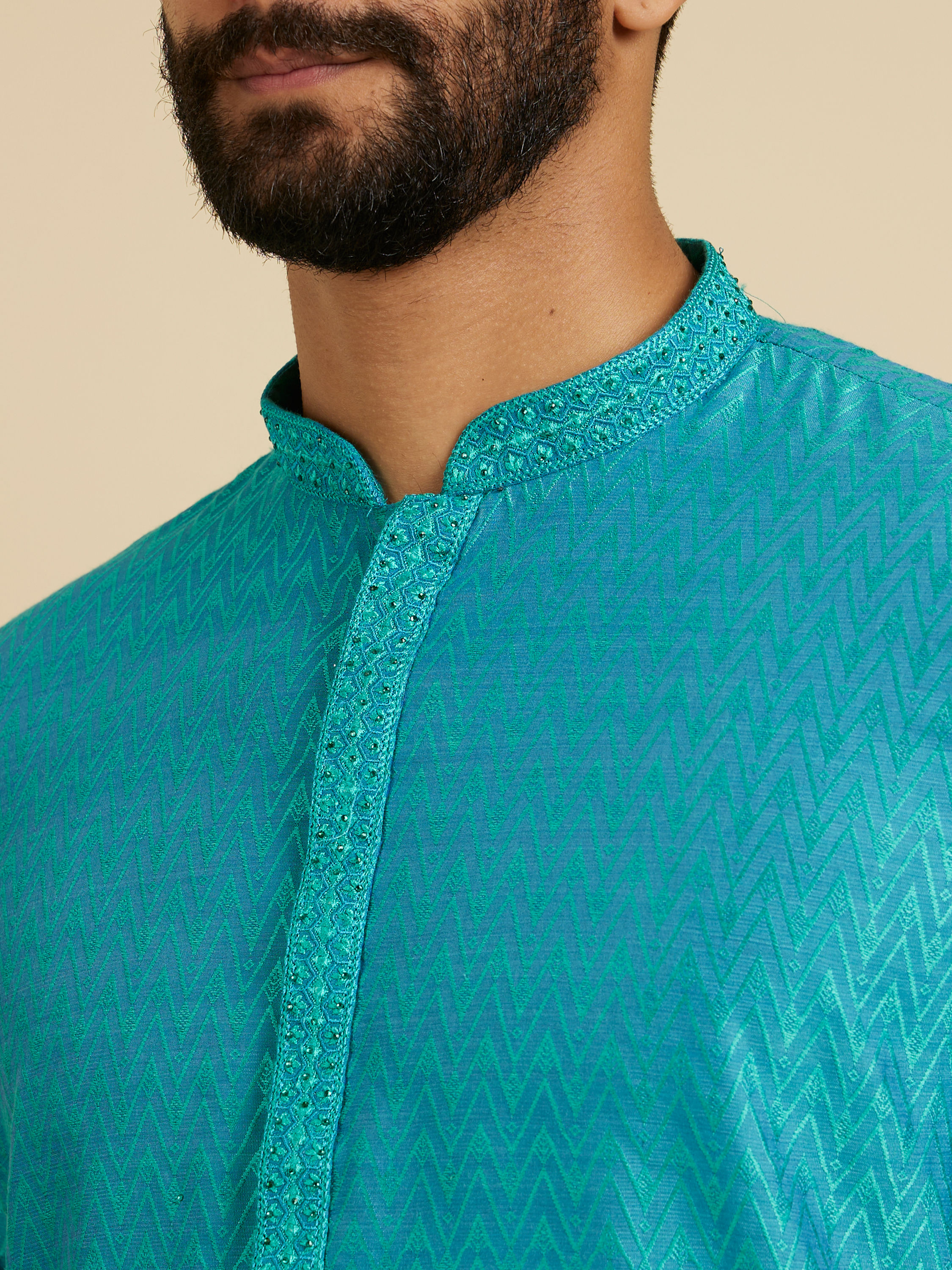 Manyavar Men Turquoise Blue Chevron Patterned Kurta Set