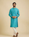 Manyavar Men Turquoise Blue Chevron Patterned Kurta Set