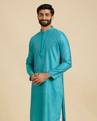 Manyavar Men Turquoise Blue Chevron Patterned Kurta Set