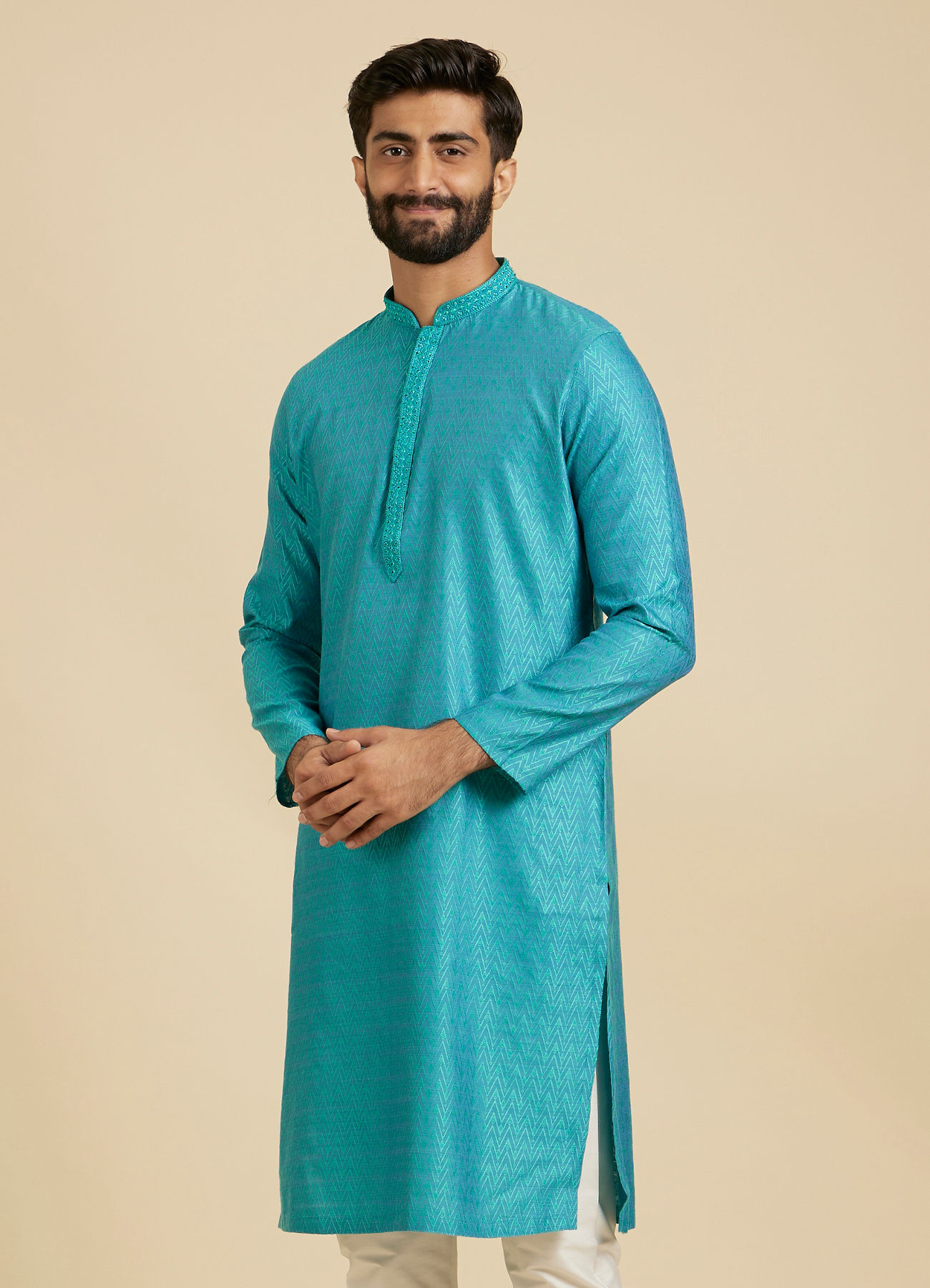 Manyavar Men Turquoise Blue Chevron Patterned Kurta Set