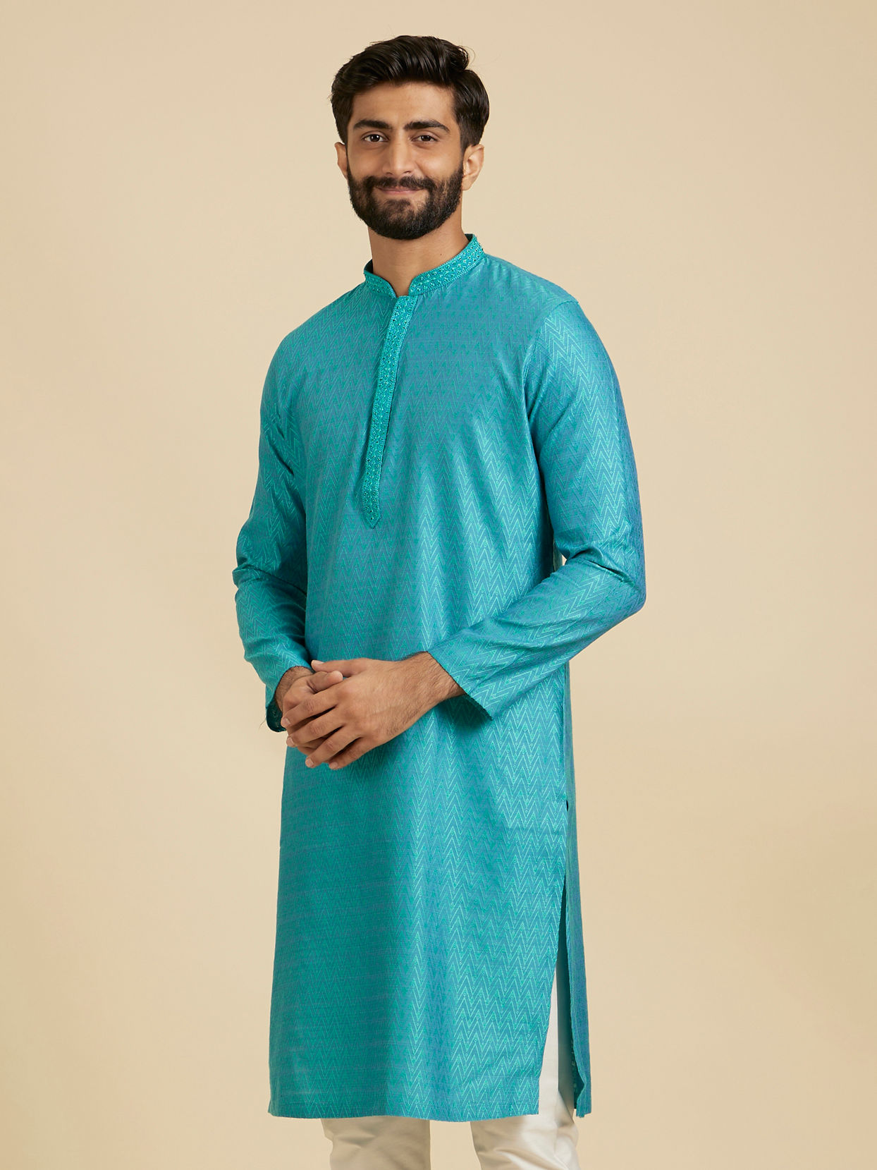 Manyavar Men Turquoise Blue Chevron Patterned Kurta Set