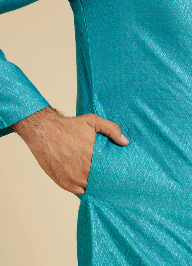 Manyavar Men Turquoise Blue Chevron Patterned Kurta Set