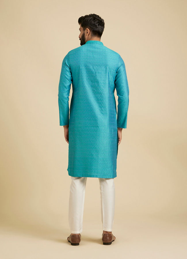 Manyavar Men Turquoise Blue Chevron Patterned Kurta Set