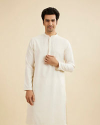 Manyavar Men Warm White Self Textured Kurta Set with Embellished Neckline