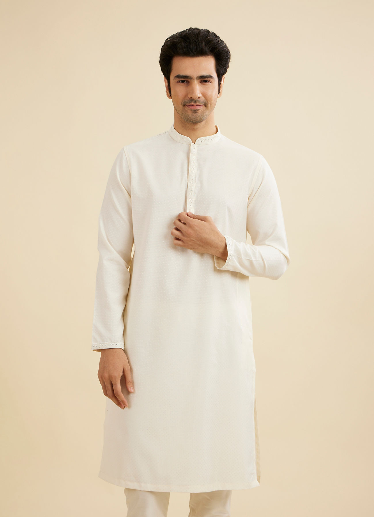 Manyavar Men Warm White Self Textured Kurta Set with Embellished Neckline