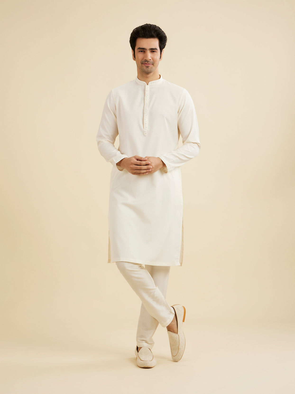 Manyavar Men Warm White Self Textured Kurta Set with Embellished Neckline
