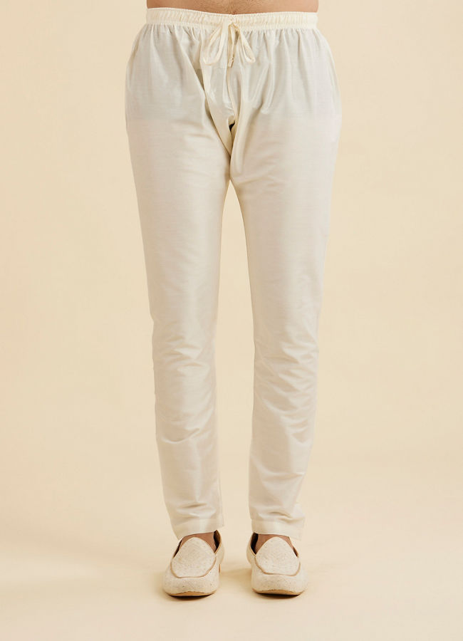 Manyavar Men Warm White Self Textured Kurta Set with Embellished Neckline