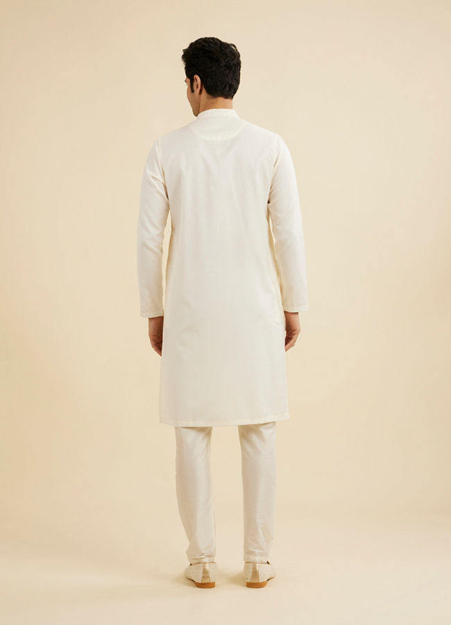 Manyavar Men Warm White Self Textured Kurta Set with Embellished Neckline