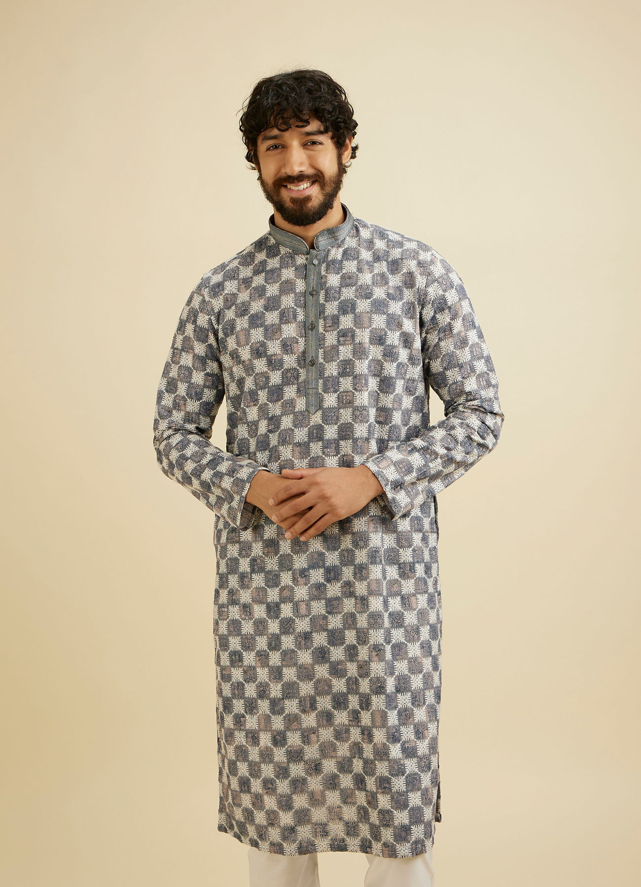 Manyavar Men Ash Grey Chikankari Printed Kurta Set with Striped Collar