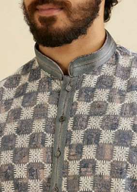 Manyavar Men Ash Grey Chikankari Printed Kurta Set with Striped Collar