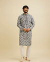 Manyavar Men Ash Grey Chikankari Printed Kurta Set with Striped Collar image number 2