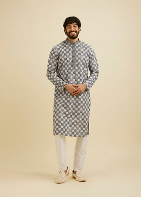 Manyavar Men Ash Grey Chikankari Printed Kurta Set with Striped Collar image number 2