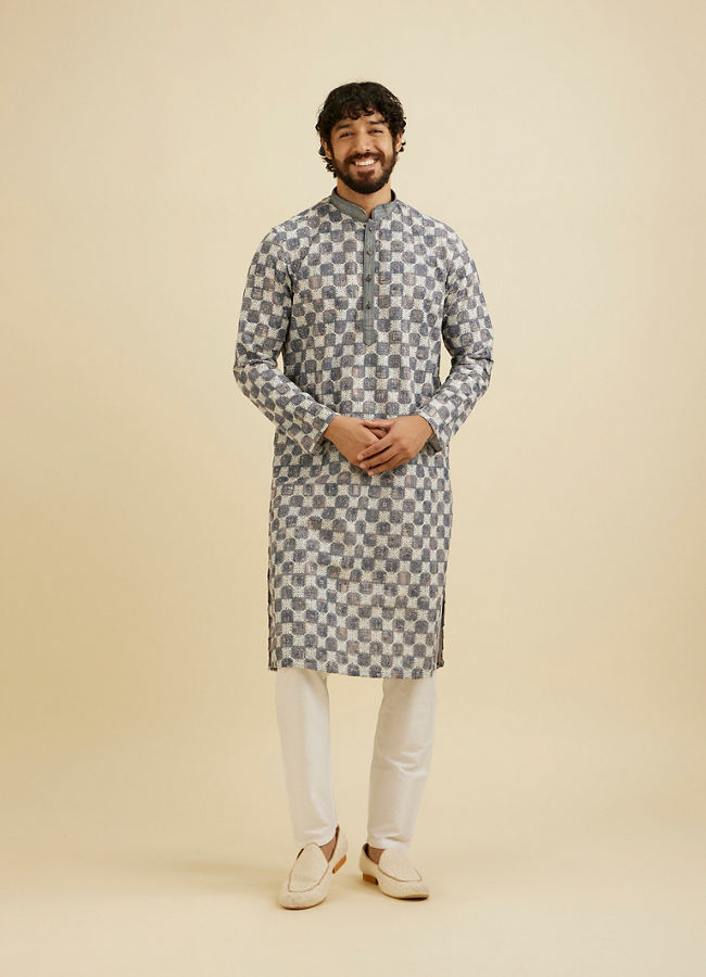 Manyavar Men Ash Grey Chikankari Printed Kurta Set with Striped Collar