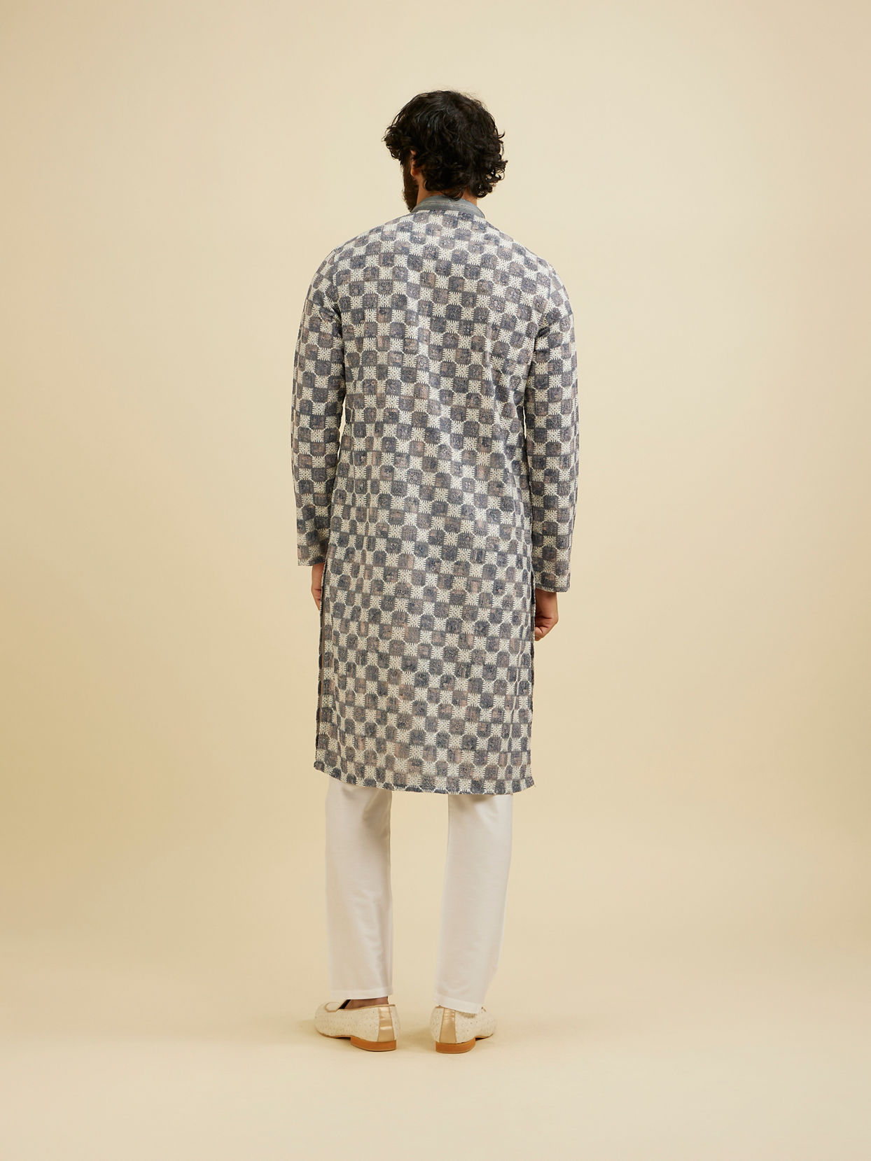 Manyavar Men Ash Grey Chikankari Printed Kurta Set with Striped Collar