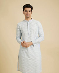 Manyavar Men Ice Blue Chikankari Printed Kurta Set with Sequin Work