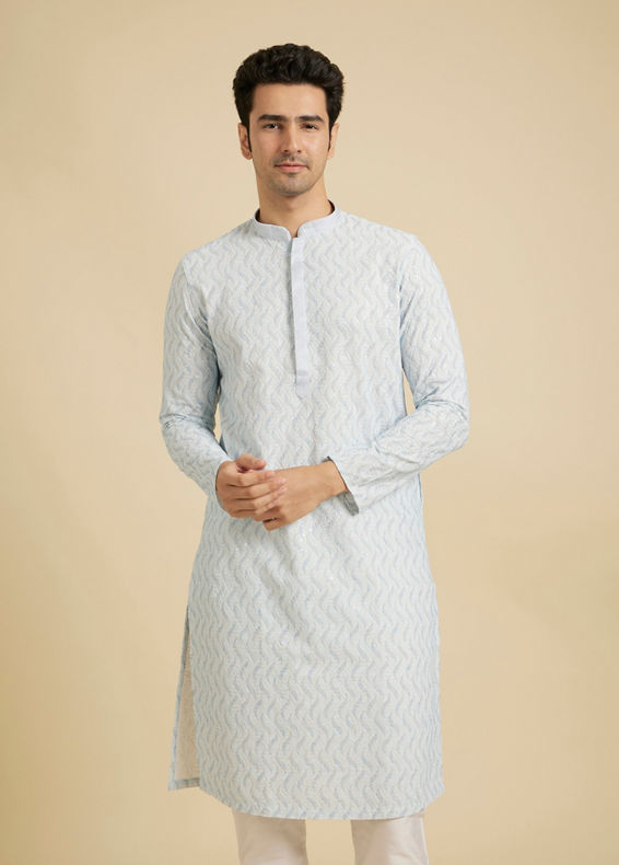 Manyavar Men Ice Blue Chikankari Printed Kurta Set with Sequin Work