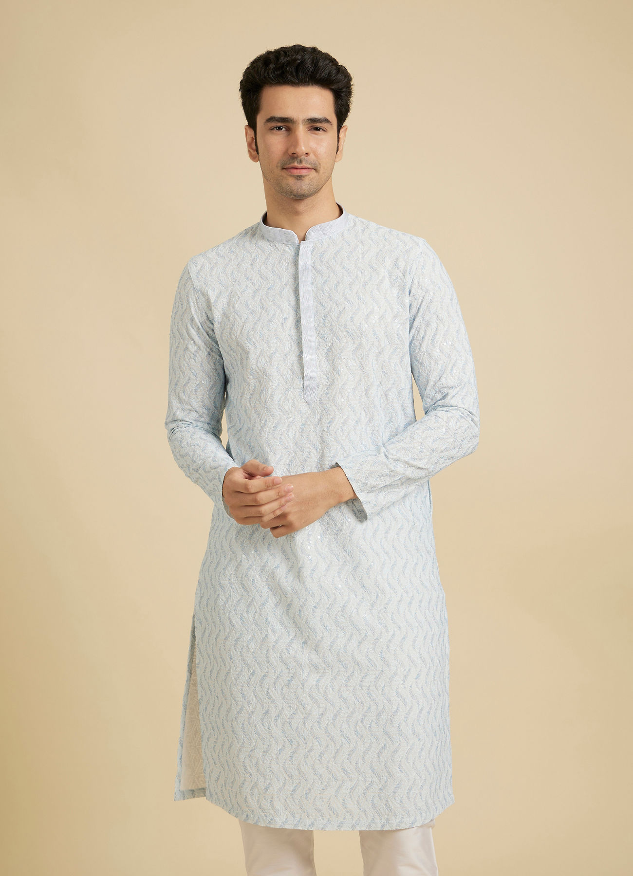 Manyavar Men Ice Blue Chikankari Printed Kurta Set with Sequin Work