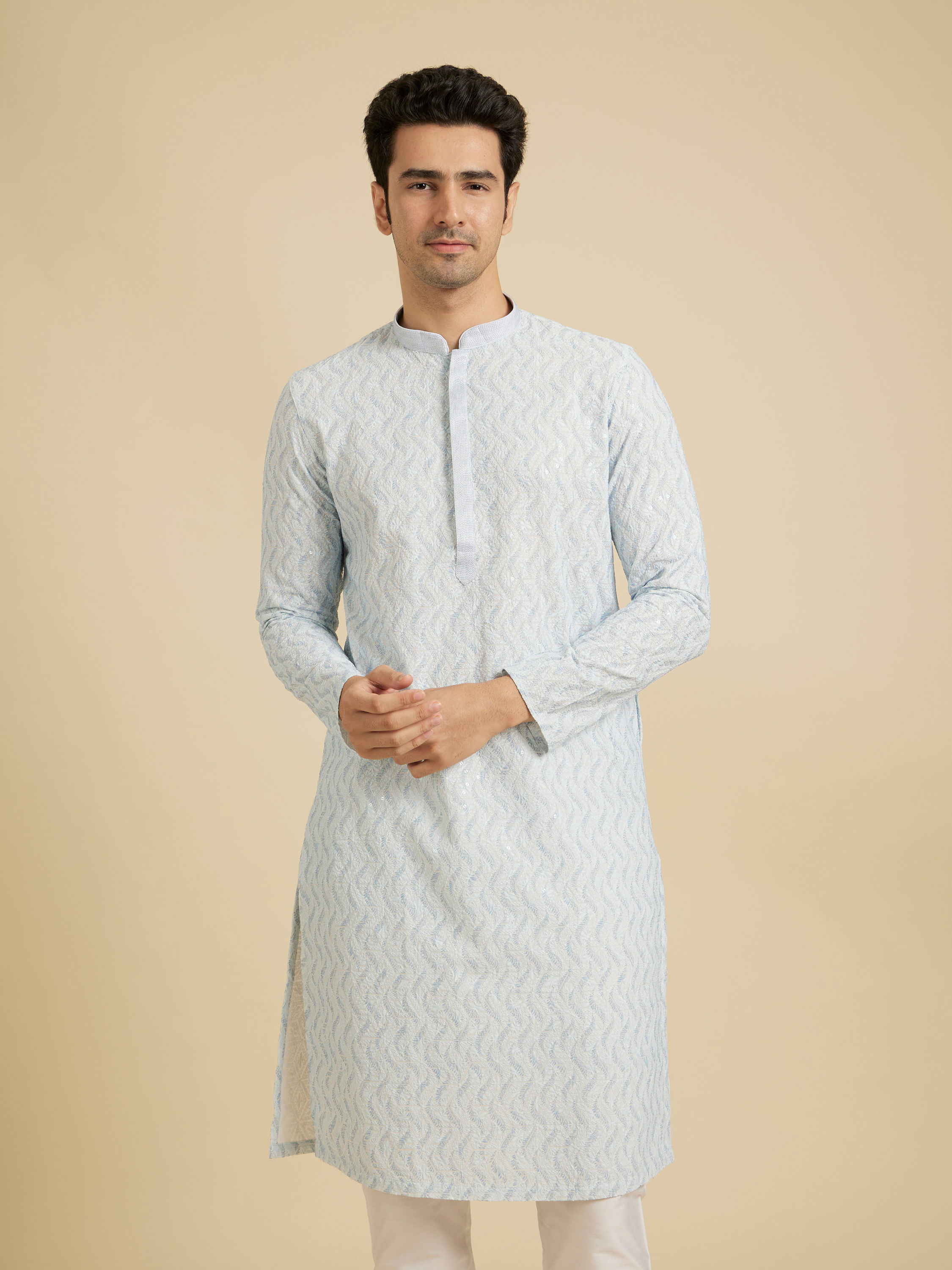 Manyavar Men Ice Blue Chikankari Printed Kurta Set with Sequin Work