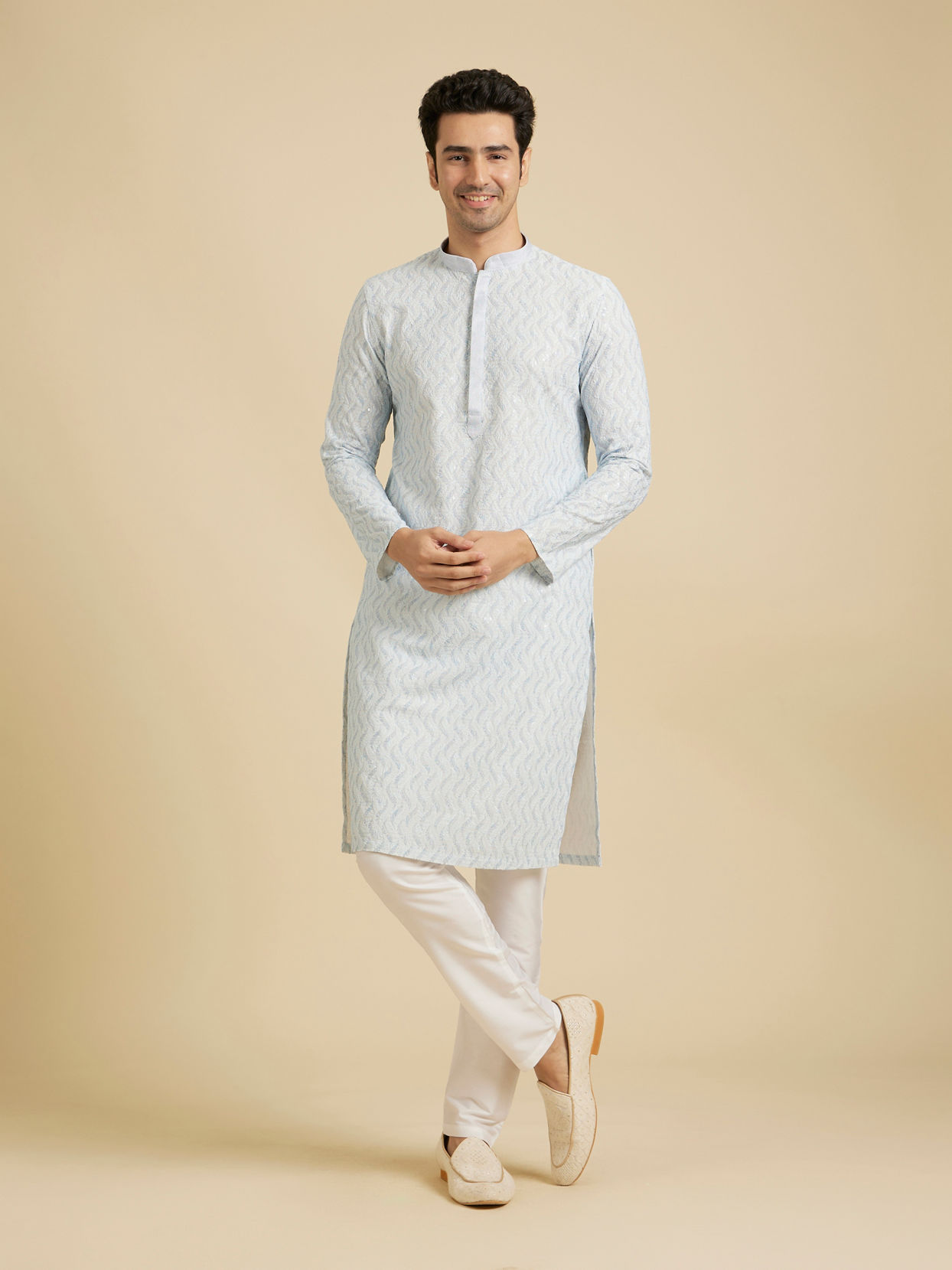 Manyavar Men Ice Blue Chikankari Printed Kurta Set with Sequin Work