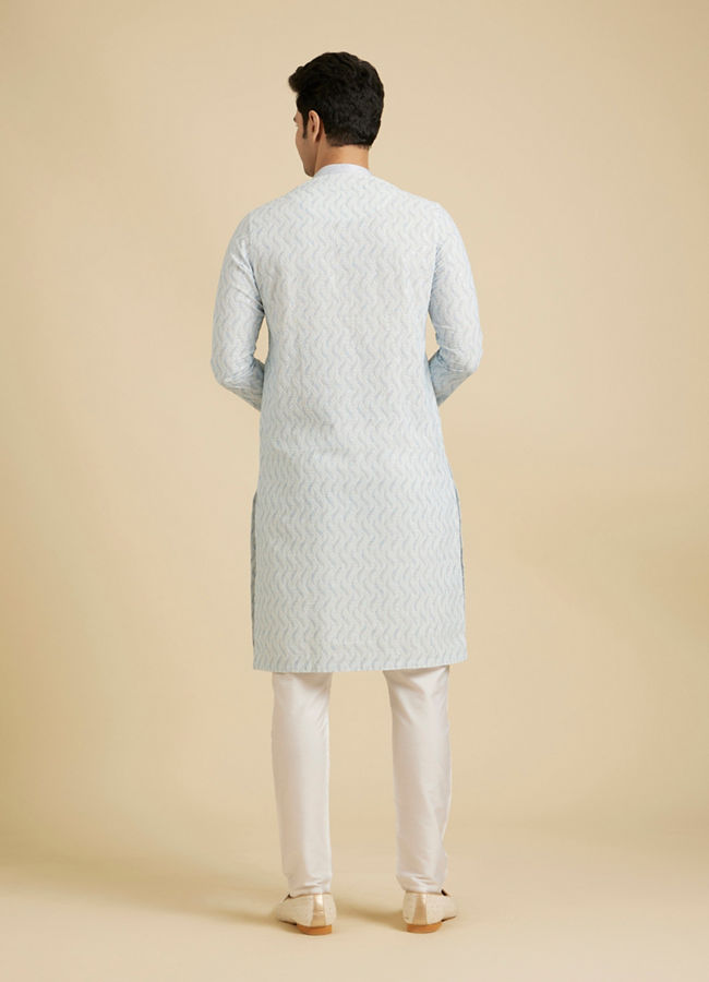 Manyavar Men Ice Blue Chikankari Printed Kurta Set with Sequin Work