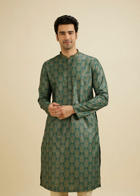 Manyavar Men Bottle Green Jaal Medallion Patterned Kurta Set