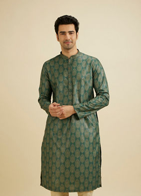 Manyavar Men Bottle Green Jaal Medallion Patterned Kurta Set image number 0