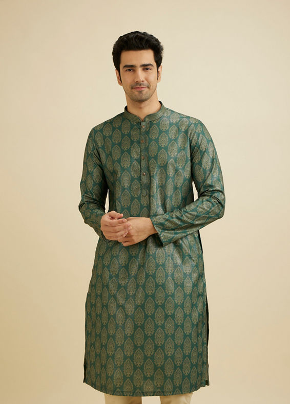 Manyavar Men Bottle Green Jaal Medallion Patterned Kurta Set