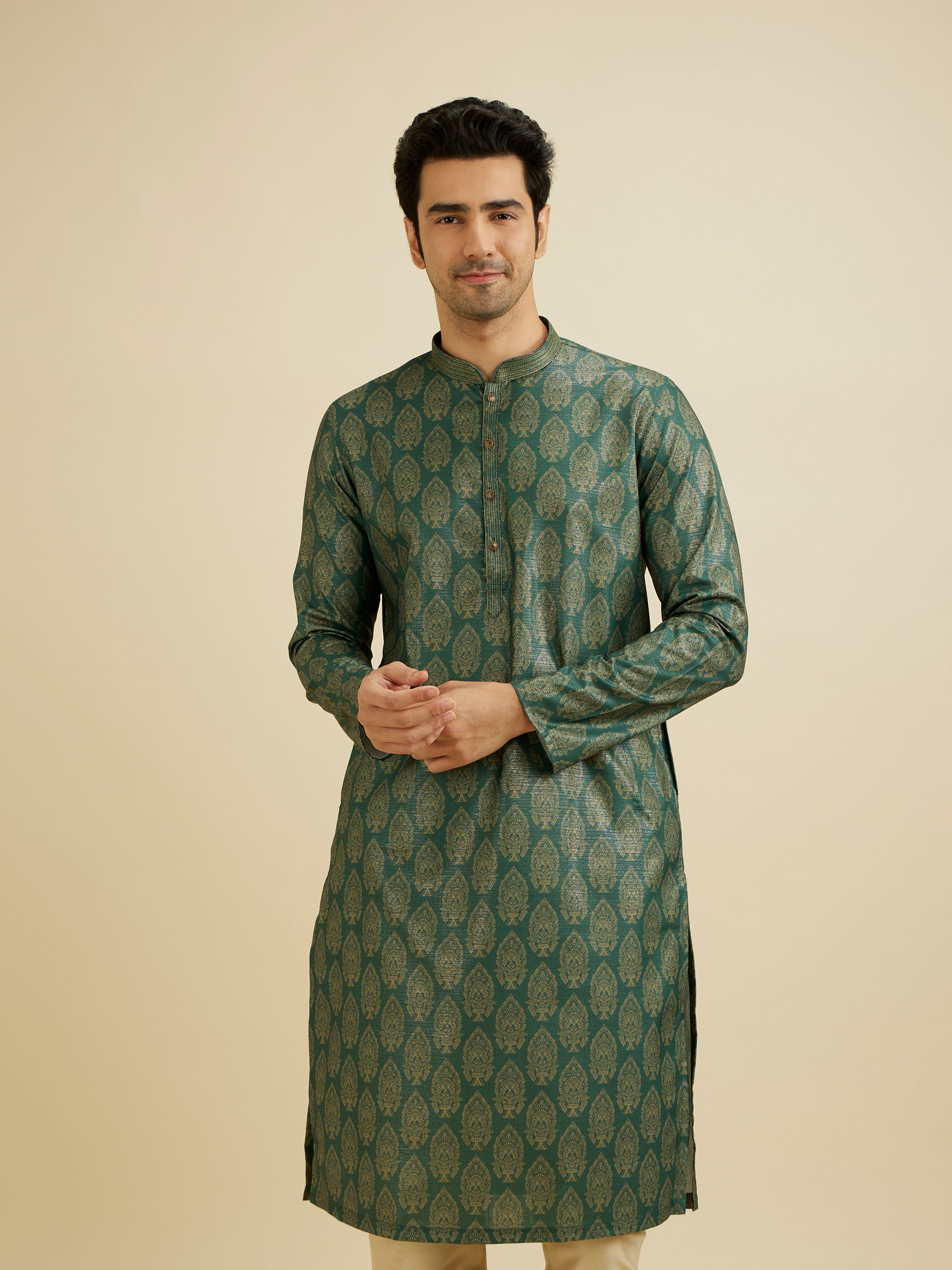 Manyavar Men Bottle Green Jaal Medallion Patterned Kurta Set